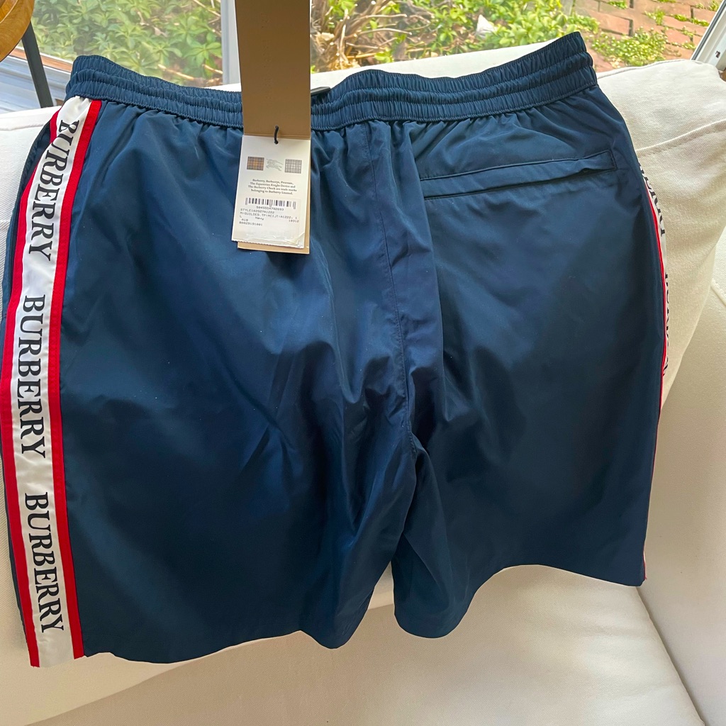 Men’s Vintage Nwt Burberry Navy With Logo Stripe Swimsuit
